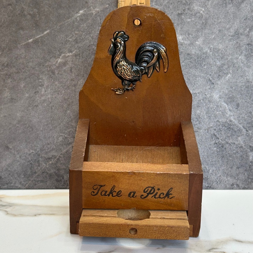 Vintage VG Japan Wooden Rooster Toothpick Dispenser Wall Mount Take a Pick Box